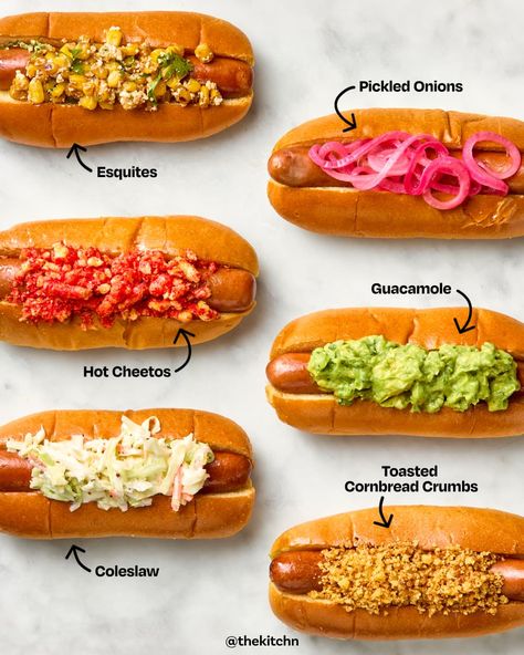 overhead shot of six hot dogs with different toppings: esquites, pickled onions, hot cheetos, guacamole, coleslaw, and toasted cornbread crumbs Hot Dog Grill, Best Hot Dogs, Hotdog Sandwich, Hot Dog Party, Grilling Hot Dogs, Hot Dog Toppings, Salmon Potato, Lunch Appetizers, Hot Dog Stand