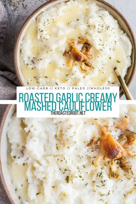 Roasted Mashed Cauliflower, Roasted Cauliflower Mash, Cauliflower Mash Recipes, Cauliflower Mashed Potatoes Keto, Cauliflower Keto, Keto Mashed Cauliflower, Keto Side Dish, Keto Veggies, Garlic Mashed Cauliflower