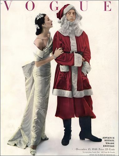 Dorian Leigh and actor Ray Bolger on Vogue's Christmas cover, photo by Irving Penn, December 15, 1946 Dorian's winged bustle-back white silk and silver brocade dress to order at Henri Bendel. Rhinestone earrings, necklace and bracelet by Castlecliff. Dorian Leigh, Ray Bolger, Victorian Christmas Tree, Vintage Vogue Covers, William Klein, Irving Penn, Vogue Magazine Covers, Magazine Vogue, Vogue Archive