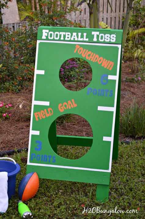 DIY football toss game tutorial. Great fun for a party or family holiday game. Make a bean bag toss, water balloon game, Fl Gators football toss or more. Get creative and have fun! H2OBungalow Football Toss Game, How To Make A Bean Bag, Field Day Activities, Sports Party Games, Diy Yard Games, Balloon Games, Festival Games, Football Diy, Gators Football