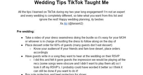 Wedding Tips TikTok Taught Me by @taraarii2 - Google Docs Wedding Tick List, Wedding Tiktok, Tick List, Tiktok Wedding, Tips Tiktok, Long Engagement, Wedding Advice, Happy Wedding, Wedding Planning Tips