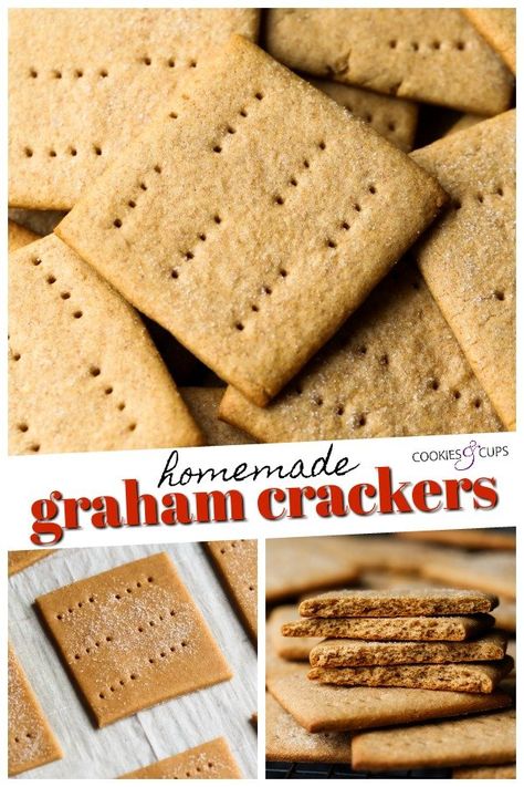 This Homemade Graham Crackers recipe is way better than anything you’ll get from a box. Sweet, crisp and buttery - they’ll be your favorite afternoon snack or perfect for S'mores!! #snacks #grahamcrackers #homemade #cookiesandcups #wholewheatflour Home Made Graham Crackers, Graham Crackers Recipe, Homemade Crackers Recipe, Graham Cracker Recipes, Crackers Recipe, Homemade Graham Crackers, Homemade Crackers, Easy Butter, School Snack