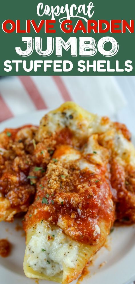 Olive Garden Stuffed Shells, Jumbo Stuffed Shells, Jumbo Shell Recipes, Shell Pasta Recipes, Copycat Olive Garden, Stuffed Shells Ricotta, Olive Garden Recipes, Stuffed Shells Recipe, Stuffed Pasta Shells