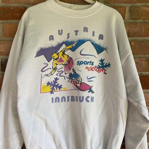 Vintage Austria Innsbruck crewneck Vintage ski... - Depop Vintage Winter Sweatshirt With Screen Print, Vintage Winter Graphic Print Sweatshirt, Austria Innsbruck, Sorority Tshirt Designs, Adpi Merch, Ski Vibes, Ski Club Sweatshirt, Ski Graphic Tee, Skiing Sweatshirt