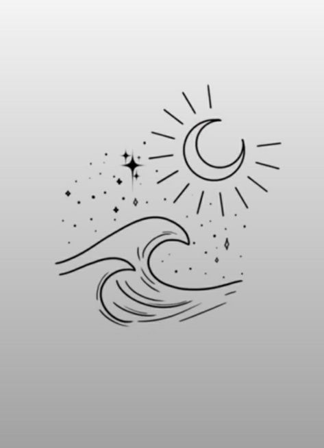 Sun Moon Stars Sea Tattoo, Sun Moon Stars Ocean Tattoo, Moon Ocean Tattoo, Fl Tattoo, Draw Moon, View Tattoo, Ocean Wave Tattoo, Moon Star Tattoo, Minimal Tattoo Ideas