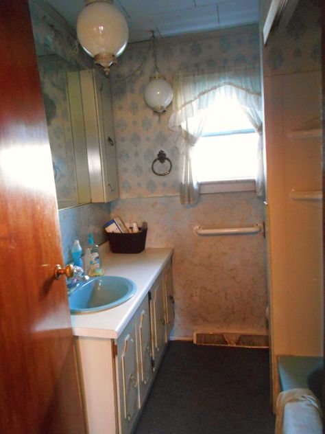 Our PRE RENOVATION farm house bathroom.  Last remodeled by my grandparents in the early 1970's.  The back of the vanity says 1973.  I was 8 years old in 1973. Midwest Gothic, 80s House, Midwest Emo, Ethel Cain, Nostalgic Pictures, North Hills, True Homes, Liminal Spaces, Southern Gothic