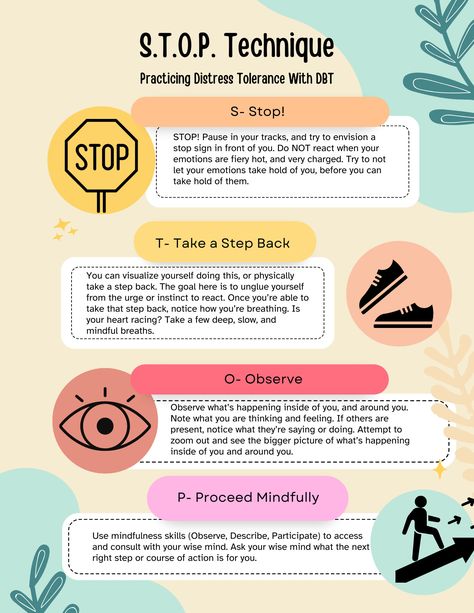 Practice the STOP technique of DBT using this helpful tool for STOP skills. Work through grounding in a difficult situation or a crisis. Distress Tolerance Activities, Dbt Skills Worksheets, Dbt Therapy, Counseling Worksheets, Distress Tolerance, Healthy Coping Skills, Dbt Skills, Mental Health Activities, Clinical Social Work