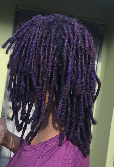 Purple Dreadlocks Men, Purple Dyed Locs, Purple Locs Men, Purple Dreads Men, Dark Purple Dreads, Dark Purple Locs, Red And Black Dreads, Dyed Locs Men, Loc Dye Ideas