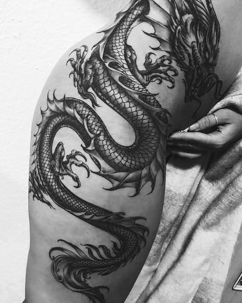 Dragon On Side Tattoo, Dragon Around Leg Tattoo, Hip Dragon Tattoo, Dark Dragon Tattoo, Dragon Tattoo Placement, Side Thigh Tattoos Women, Dragon Thigh Tattoo, Side Thigh Tattoos, Cowboy Tattoos