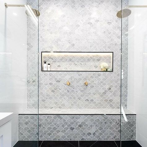 Fish Scale Tile Bathroom, Double Shower Heads, Bathroom Ideas Luxury, Fish Scale Tile, Stone Interior, Double Shower, Bad Inspiration, Shower Niche, Bathroom Goals