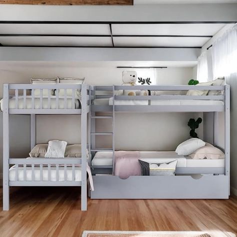 Contemporary Twin L-Shaped Bunk bed with Built-in Ladder and Drawers, 4 Beds in 1, Maximized Space, Versatility Galore, Gray - Bed Bath & Beyond - 39939045 Four Bunk Beds In One Room, Multiple Bunk Beds In One Room, 4 Bunk Beds In One Room, Bunk Rooms Built In, Multiple Beds In One Room, Three Bunk Beds, Adult Bunk Beds Guest Rooms, Triplets Bedroom, Beach House Bunk Room