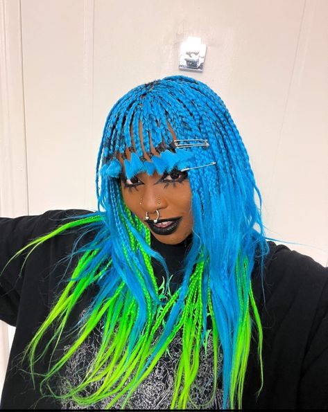 Emo Box Braids, Alternative Box Braids, Green And Blonde Braids, Emo Braids, Blue Emo Hair, Edith Victoria, Green Box Braids, Black Magick, Blonde Braids