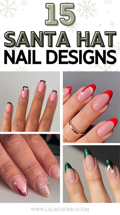 15 Santa Hat Nail Designs - Lauren Erro Santa Hat Nails Design, Christmas Nails Santa Hat, Santa Hat Nails, Next At Home, At Home Manicure, Santa Nails, Diy Pedicure, Silver Glitter Nails, Candy Cane Nails