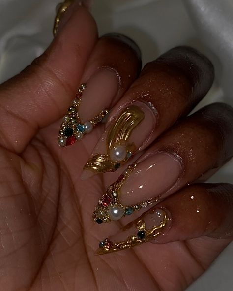 Gilded jewels ✨ - Book your next nail appt today! @bratcrylix - Not able to book? Order your next custom made press on set @bratcrylix with the order form in my bio! Check "press ons" highlight for more info🤗 - #atlnails #atlnailtech #atlnailsalon #atlantanails #atlantanailsalon #atlantanailtech #cummingganails #cummingganailsalon #cummingnails #cummingnailtech #alpharettanails #alpharettanailtech Christmas Nails On Black Women, Nails Inspo Black Women, Nail Designs Black Women, Black Women Nails, Jeweled Nails, Gold Chrome Nails, Gold Nail Designs, Wow Nails, Gold Nail