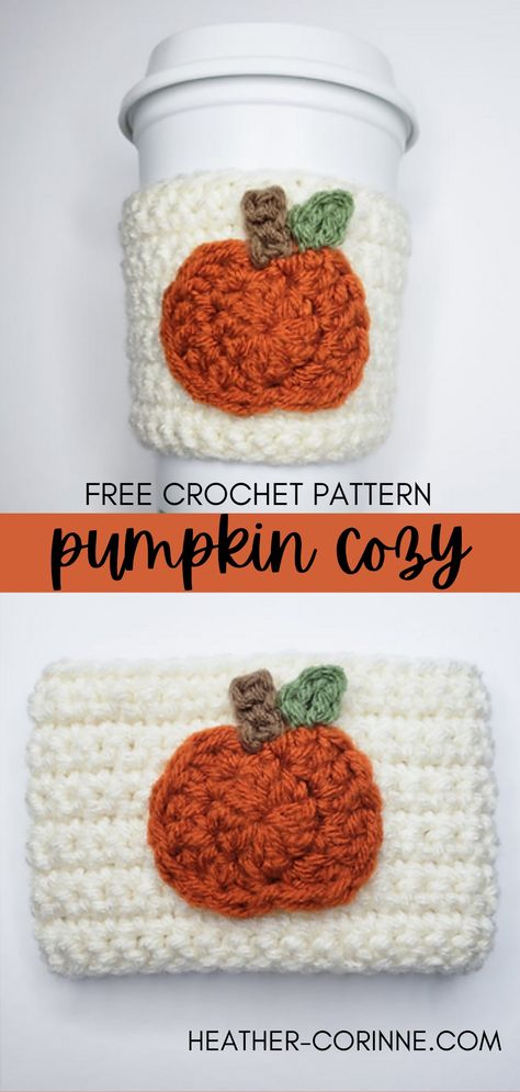 Crochet Pumpkin Spice Cozy - Heather Corinne Crochet Teacher Gifts, Fall Crochet Projects, Cup Cozy Crochet Pattern, Pumpkin Patterns Free, Crochet Fall Decor, Cup Cozy Pattern, Crochet Project Free, Pumpkin Patterns, Crochet Mug Cozy