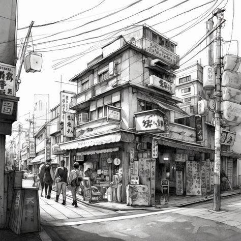 2 Pt Perspective Drawing, Two Point Perspective Drawing City, 2 Point Perspective Reference, One Point Perspective Drawing Street, Japanese Street Drawing, Two Point Perspective Drawing Buildings, 2 Point Perspective Drawing Cities, Japan City Drawing, Manga Background Reference