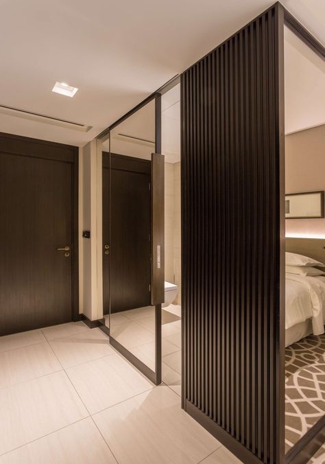 Mirror Door Sliding, Mirror Slide Door, Sliding Door With Mirror, Sliding Door Partition, Partition Design Modern, Bangkok House, Wood Sliding Doors, Mirror Panel Wall, Mirror Sliding Door