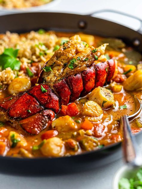 Scallops and Lobster Gumbo Recipe | Foodaciously Lobster And Scallops Recipes, Gumbo Rice, Simple Food Recipes, Healthy Seafood Recipes, Seafood Gumbo Recipe, Louisiana Seafood, Lobster Dishes, Creole Cooking, Seafood Gumbo