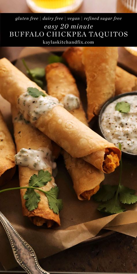 These 4 ingredient Vegan & Gluten Free Buffalo Chickpea Taquitos are delicious, healthy and take just 20 minutes to make from start to finish. Buffalo Chickpea Taquitos, Vegan Chickpea Taquitos, Vegan Buffalo Recipes, Chickpea Taquitos, Buffalo Chickpea, Buffalo Recipe, Refined Sugar Free Recipes, Gluten Free Tortillas, Favorite Recipes Dinner