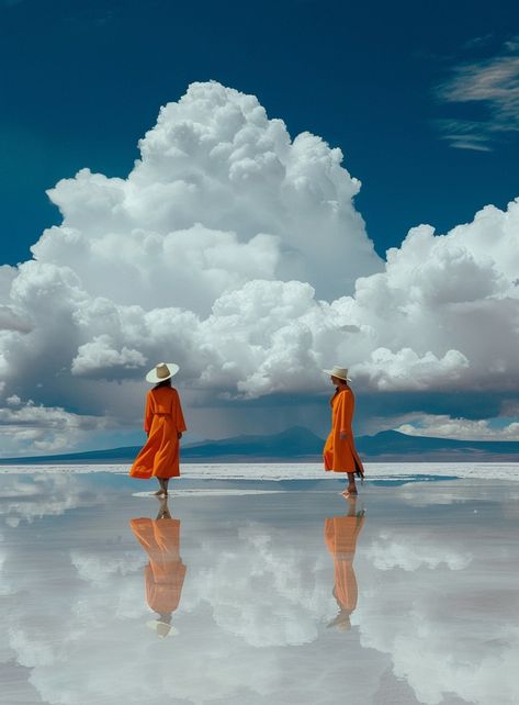 Two men in orange robes walking on the salt lake of Sа_builder, reflecting clouds with a mirror effect. The award winning photography was in the style of Daniel Kordan and James Turrell. Winning Photography, James Turrell, Affordable Artwork, Style Vans, Award Winning Photography, Walking On Clouds, Mirror Effect, Art For Your Home, Water Droplets