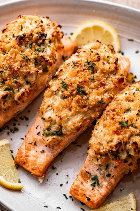 Salmon Topped With Crab Meat, Shrimp Stuffed Salmon, Crab Stuff Salmon Recipes, Crab Stuffing, Salmon Ideas, Stuffed Salmon Recipe, Crab Stuffed Salmon, Salmon Recipes Baked Healthy, Stuffed Salmon