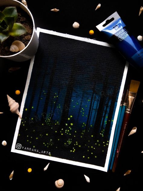 Did touch acrylics after so long, and here is a simple painting for you all. It's such a magical view when fireflies light up the dark forest. Never did witness this magic happen but I can always imagine it as I am a girl who loves fireflies alot, and who believes in fairytales, angles, magic and everything unreal. I am sure I am not the only one here who loves fireflies. Who else love them? Firefly Painting Acrylic, Fireflies Canvas Painting, Easy Firefly Painting, Fireflies Acrylic Painting, Magical Forest Acrylic Painting, Firefly Painting Ideas, Magical Acrylic Painting, Firefly Paintings, Painting Fireflies