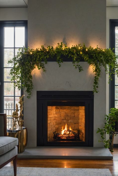 Transform your fireplace with a dazzling mantle greenery display. Learn how to create a striking focal point for your interior space as part of your daily interior designer routine. #ad     #home #wallpaint2024  #color2024  #DIYpainting  ##DIYhomedecor  #Fixhome Greenery Fireplace Decor, Fireplace Mantle Decor Greenery, Greenery On Mantle Year Round, Fireplace Mantle Decor With Deer Head, Greenery For Mantle Fire Places, Greenery On Mantle, Fireplace Greenery, Fireplace Mantle With Sign, Mantle Greenery