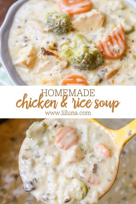 Creamy homemade Chicken and Rice Soup is hearty & flavorful. Best of all, it's on the table in just 30 minutes! #chickenandricesoup #chickensoup #ricesoup #chickenandrice #soup Best Chicken And Rice Soup, Chicken And Rice Soup Recipes, Food Recipes Thanksgiving, Chicken With Rice Soup, Broccoli Cream Cheese, Yummiest Food, Creamy Chicken Stew, Creamy Chicken And Rice, Easy Chicken And Rice