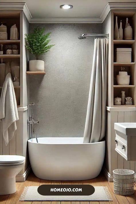 20 Stunning Tub Designs That Will Transform Your Small Bathroom Remodel Standing Tub Small Bathroom, Sitting Tub Bath, Tub In Shower Small Bathroom, Small Bathroom Deep Tub, Spa Tub Shower Combo, Small Free Standing Bath Tub, Shower Soaking Tub Combo, Small Tub Bathroom, Bathroom Drop In Tub