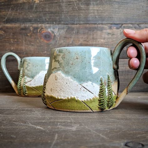 Ceramic Mountain Mug, Mountain Mug Pottery, Mountain Mugs, Ceramic Mountain, Mountain Mug, Ceramics Pottery Mugs, Mountain Pottery, Handmade Mugs, Beginner Pottery