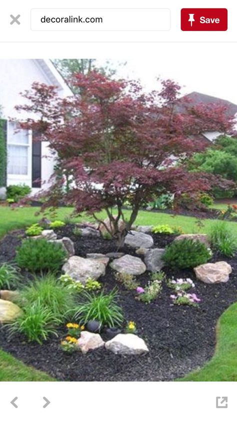 Tree On Slope Landscaping Ideas, Landscape Around Small Tree, Mound Planting Garden Ideas, Landscaping Split Level Front Yard, Front Yard Big Tree Landscaping Ideas, Front Yard Landscaping With Tree In Middle, Tree With Plants Around It, Corner Tree Landscaping, Front Yard Bench Landscaping