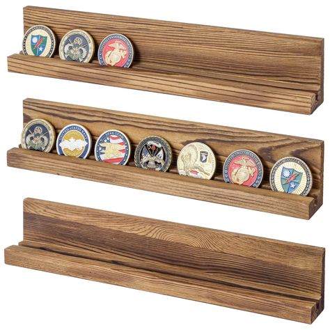 PRICES MAY VARY. Set of 3 wall mounted challenge coin and casino chip display rack with rustic dark burnt brown wood finish Ideal for displaying commemorative coins, challenge coins, and casino chips on its indented shelf Easy to install onto flat wall surfaces with their included mounting hardware Dark burnt wood design seamlessly blends with rustic and country-themed home, office and retail decors Approximate Dimensions: Overall - 2.5 H x 12.5 W x 1.5 D; Space between mounting brackets - 10.5 Chip Display, Polaroid Display, Coin Display Stand, Challenge Coin Holder, Military Coins, Military Challenge Coins, Challenge Coin Display, Trophy Case, Ledge Shelf