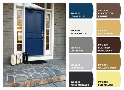 Instantly turn any picture into a palette with ColorSnap, created for you by Sherwin-Williams. Gray Front Door Colors, Paint Colors For House, Colors For House, Gray House Exterior, Blue Front Door, House Paint Color Combination, Door Paint, Front Door Paint Colors, Blue Shutters