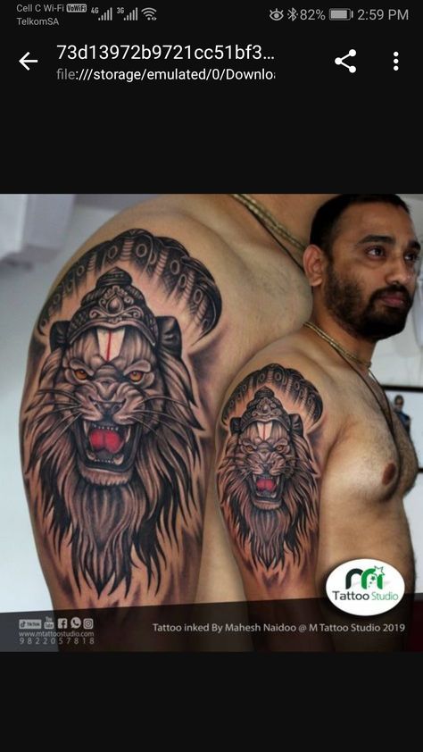 Narasimha Tattoo, Hindu God Tattoo, Lion Head Drawing, Flute Tattoo, Lord Narasimha, Hindu Tattoos, Mom Dad Tattoo Designs, Hanuman Tattoo, Ganesh Tattoo