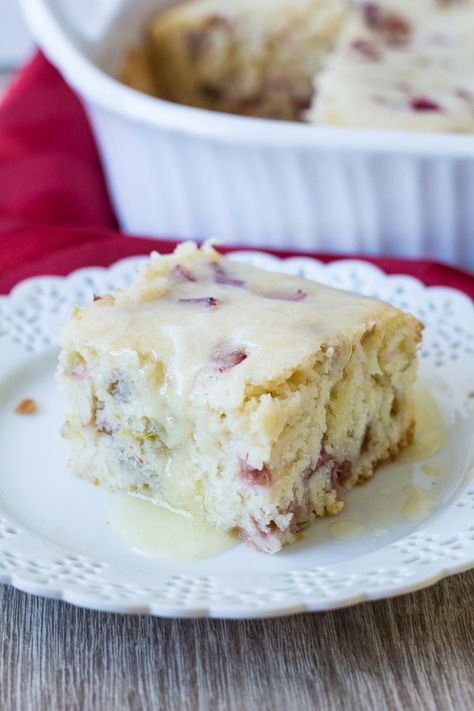 Rhubarb Poke Cake, Rhubarb Cake With Butter Cream Sauce, Rhubarb Cake With Butter Sauce, Rubarb Bars, 8x8 Desserts, Sauce For Cake, Cranberry Cake Recipe, Rhubarb Cake Recipes, Butter Cream Sauce