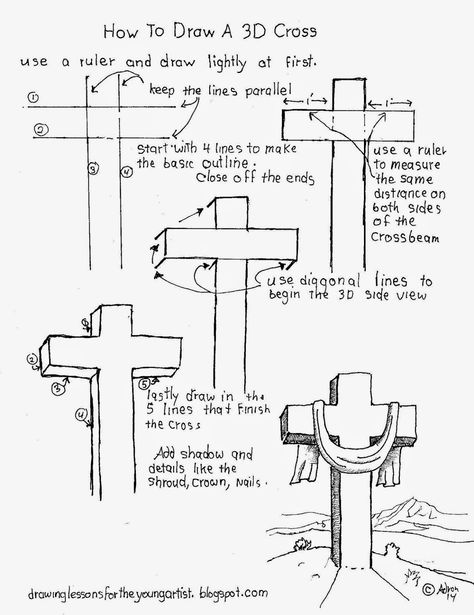 See more at my blog: http://drawinglessonsfortheyoungartist.blogspot.com/ Cross Drawing Step By Step, Easy Christian Drawings Art Journaling, 3d Cross Drawing, How To Draw A Cross, Cross Art Drawing, Cross Drawing Christian, Manger Drawing, Easy Christian Drawings, Drawing Of A Cross