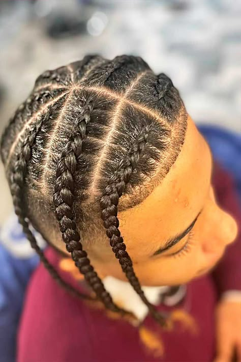 Plaited Hairstyles For Black Guys, Easy Men Braids, Braids Going Down On Both Sides, Best Braids For Men, Four Braids Men, Pop Smock Braids Boys, Hightop Fade Cornrows Men, Popsmoke Braids Men Short Hair, Black Man Hairstyle Braids