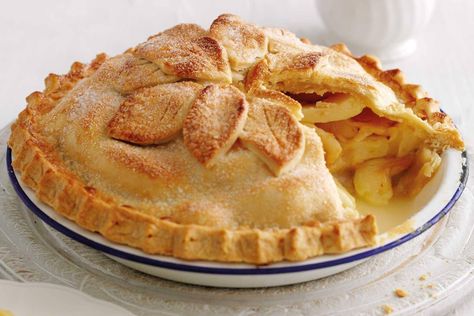 Serves 6 Ingredients * 350g plain flour, plus extra for dusting * 175g hard block margarine, plus extra for greasing * about 6 tbsp cold water * 1kg dessert or cooking apples * juice of 1 small lemon * 85g sugar, plus 1 tbsp to glaze * 1 1⁄2 tbsp cornflour * 1 tbsp milk, to glaze * special equipment * 23cm pie tin and a baking sheet Method for the pastry Double Crust Apple Pie Recipe, Double Crust Apple Pie, Mary Berry Recipe, Apple Pie Recipe, Dessert Party, British Bake Off, British Baking, Homemade Apple Pies, Berries Recipes