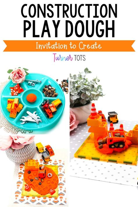 Construction and play dough go hand in hand. There are so many things toddlers can build with this construction site playdough invitation. Fill a tray with Legos, wrenches, bolts, nuts, mini construction vehicles, mini cones, and let imaginations run wild! What will your toddlers build or repair on the construction site? Create this construction themed play dough tray today Building Preschool Activities, Construction Activities For Preschoolers, Construction Preschool Activities, Construction Art Projects, Playdough Invitation, Building Preschool, Construction Preschool, Fine Motor Activities For Toddlers, Sensory Bins For Toddlers