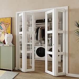 BARNER HOME Double Bi-Fold Doors, for 60in.（30in.x2） x 80in. Opening, 3-lite Clear Glass Closet Doors, Folding Doors with Hardware Kits, MDF, White Multifold Interior Doors Folding French Doors Interior, Interior Office Doors, French Doors Closet, Corner Bifold Doors, Bi Fold Doors Internal, Folding French Doors, Folding Closet Doors, Glass Bifold Doors, Fine Dining Room