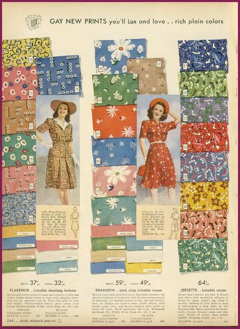 Sears catalog, summer 1943 fabric Dress Advertisement, Vintage Fabric Prints, 1940s Outfits, Fashion 1940s, Fabric Inspiration, 1940s Dresses, Old Fashion, 1940s Fashion, Print Models