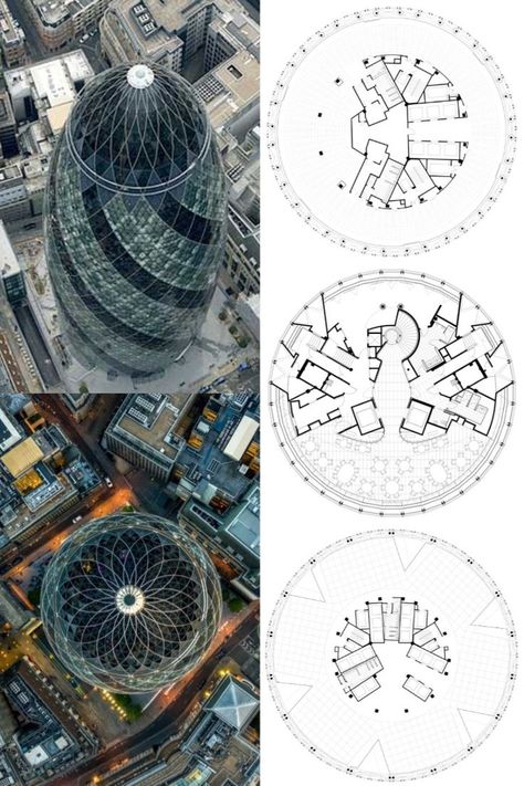 Generated by a circular plan, with a radial geometry, the building widens in profile as it rises and tapers towards its apex. This distinctive form responds to the constraints of the site: the building appears more slender than a rectangular block of equivalent size and the slimming of its profile towards the base maximises the public realm at street level. Environmentally, its profile reduces wind deflections compared with a rectilinear tower of similar size, helping to maintain a Circular Plan, Grid Architecture, Church Design Architecture, The Gherkin, Circular Buildings, Round Building, Foster Partners, Norman Foster, Public Realm