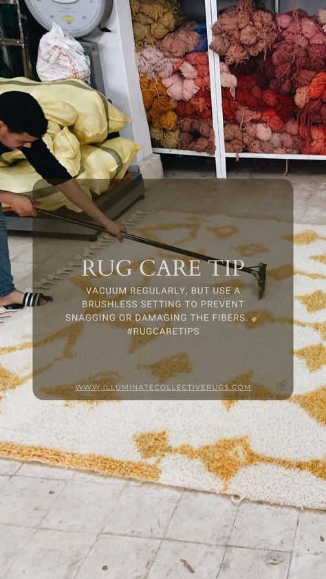 Maintain the beauty of your Moroccan rugs with proper vacuuming. Use a brushless setting to prevent fiber damage. More rug care tips on our website. Rug Inspiration, Moroccan Area Rug, Beni Ourain Rug, Flooring Options, Carpet Design, Moroccan Rugs, Perfect Rug, Beni Ourain, World Of Color