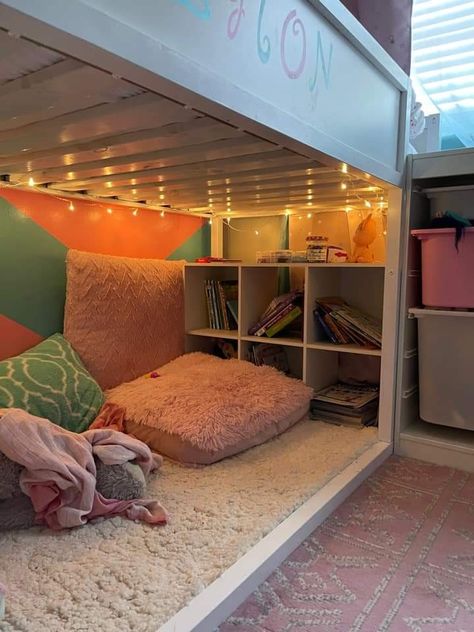 Bunkbed Ideas Small Room, Loft Bed Fort Ideas, Ideas For Under Loft Bed, Under Bed Fort Ideas, Decorating Under Loft Bed, Raised Bed For Kids Room, Under The Bunkbed Ideas, Loft Bed With Bean Bag Under, Short Loft Bed Ideas