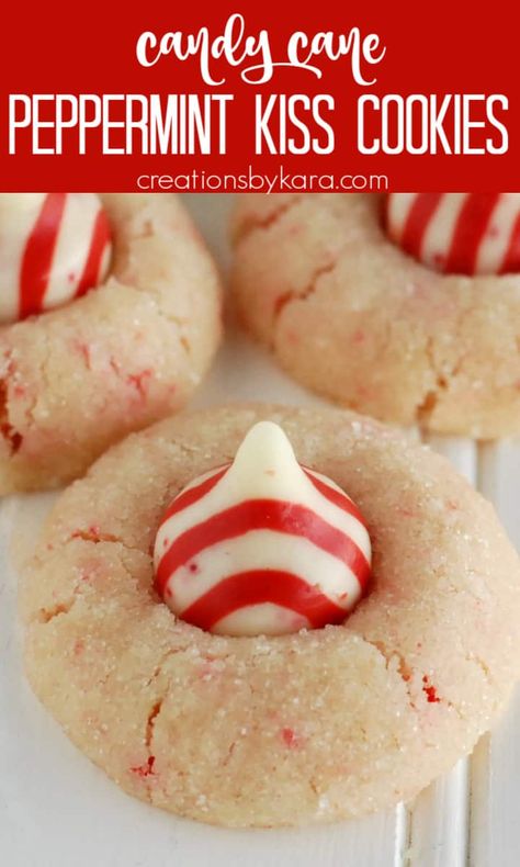 Candy Cane Peppermint Kiss Cookies - a shortbread cookie with crushed candy canes, topped with a peppermint kiss. These tasty Christmas cookies will just melt in your mouth! #peppermintcookies #candycanekisscookies #kisscookies #christmascookies @Creations by Kara Peppermint Kiss Sugar Cookies, Candy Cane Blossoms Recipe, Easy Valentine Treats For Work, Cream Cheese Peppermint Cookies, Christmas Cookies Peppermint Kiss, Easy Christmas Cookies Peppermint, Candy Cane Kisses Recipes, Christmas Treats Cookies, Candy Cane Snacks