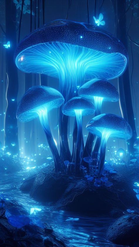 Blue Mushroom Aesthetic Wallpaper, Blue Mushroom Art, Magical Mushroom Drawing, Glowworm Illustration, Blue Mystical Aesthetic, Glowing Mushrooms Art, Underwater Mushrooms, Blue Mushroom Aesthetic, Blue Mushroom Wallpaper