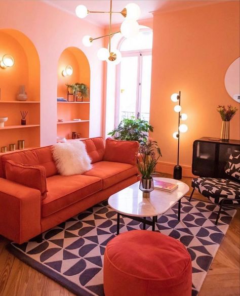 Orange Velvet Couch Living Room Ideas, Peach Living Rooms, Living Room Decor Orange, Orange Couch, Brown Living Room Decor, Couches Living, Pastel Interior, Craftsman Cottage, Aesthetic Living Room