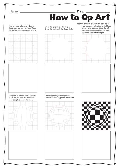 Optical Illusion Worksheet, Abstract Art Worksheet, Sub Plans Art Middle School, Op Art Lessons Step By Step, Zentangle Worksheet, Art Worksheets Middle School, Easy Op Art, High School Art Worksheets, Op Art Projects