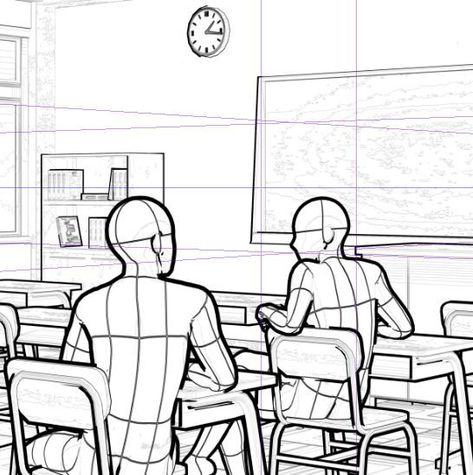 Classroom Reference Drawing, Perspective Drawing Poses, Background Drawing Reference, Storyboard Drawing, Manga Poses, Perspective Drawing Lessons, Comic Tutorial, Sketch Poses, Body Reference Drawing