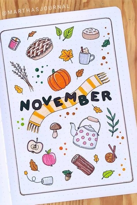 November Journal Cover Page, Nov Bullet Journal, Bullet Journal November Spread, Bullet Journal November Cover Page, Bullet Journal Ideas November, November Bullet Journal Theme, Doodle Themes, Thanksgiving Bullet Journal, Month Drawings